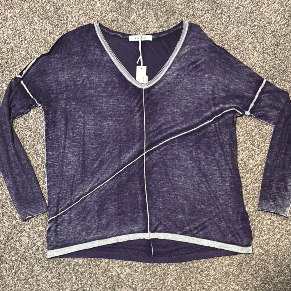 Purple Long Sleeve Relaxed Blouse with V-Neck and Asymmetrical Hem